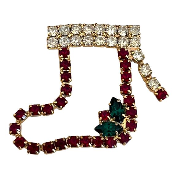 Vintage Pin Prong Set Crystal Stocking Brooch Gold Tone Christmas Pin 11U - Picture 3 of 3